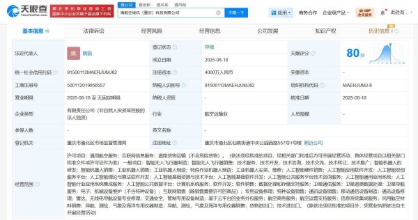 希恩配资网 海航空地机重庆科技公司登记成立 注册资本4000万